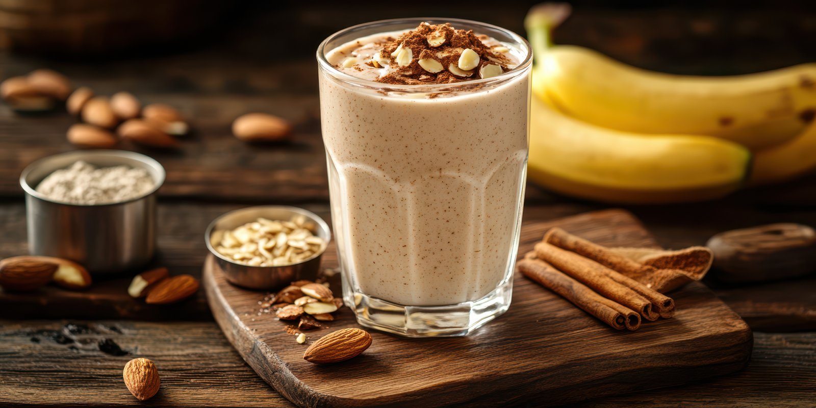 Smooth banana and oat smoothie served in a glass with almonds and cinnamon on a wooden table